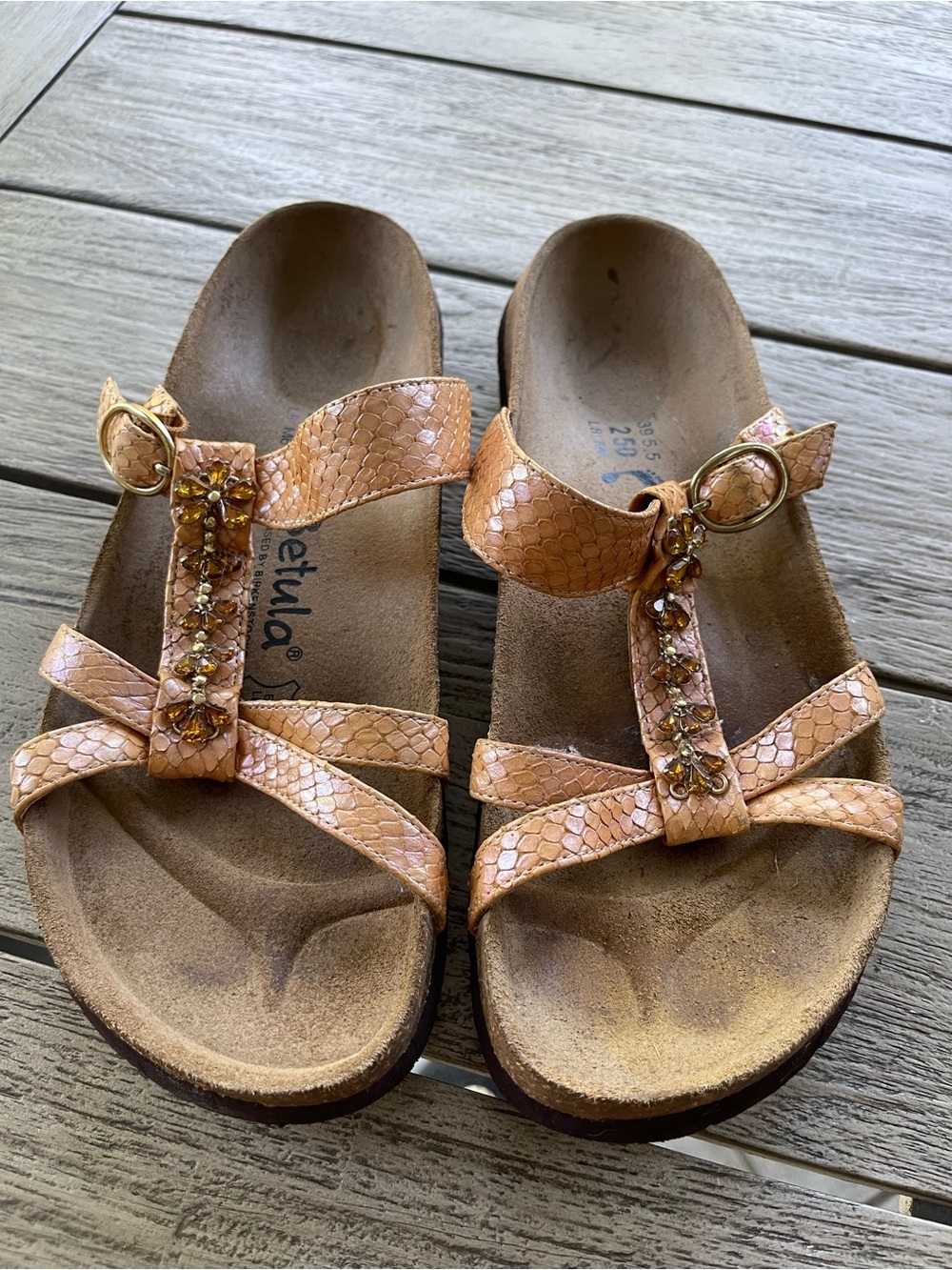 Birkenstocks Betula Tango Snakeskin  Jeweled T-Strap Sandals size 8 US 39 EU